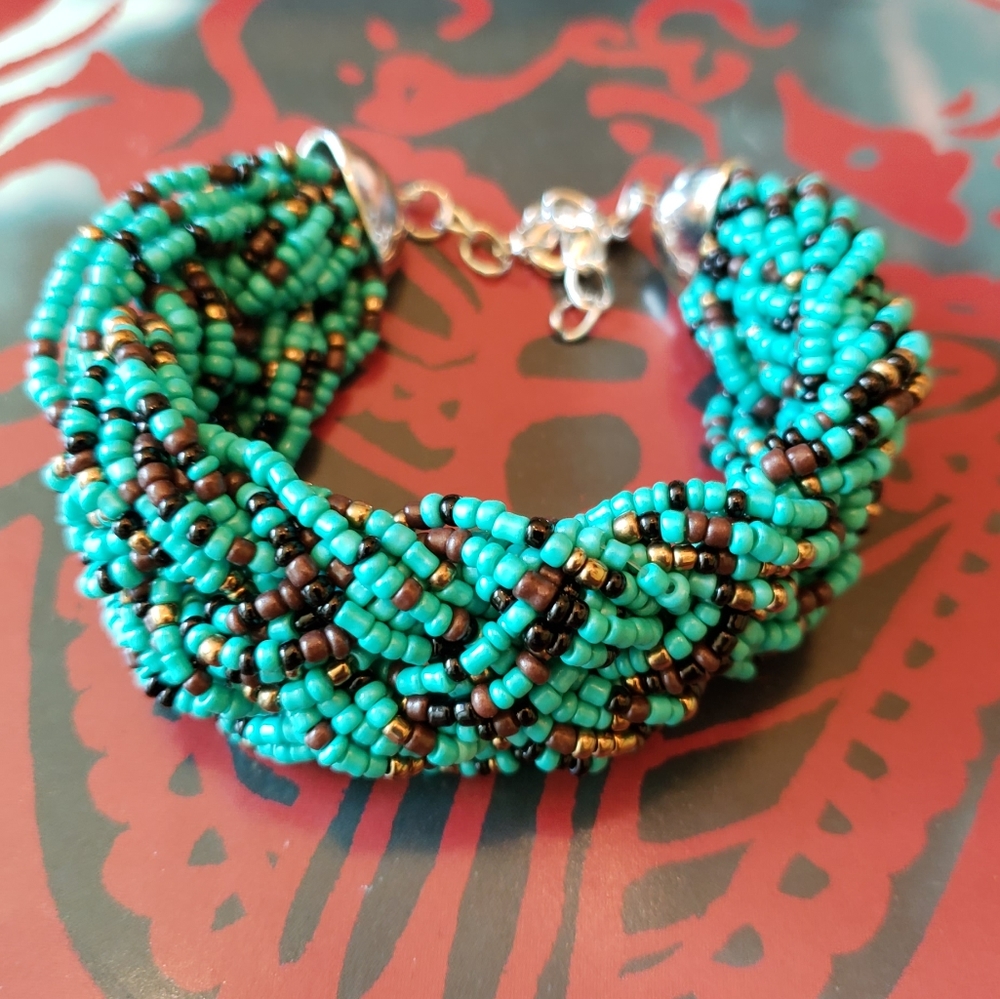 Vintage Turquoise Bracelet Braided a Glass Beads.
